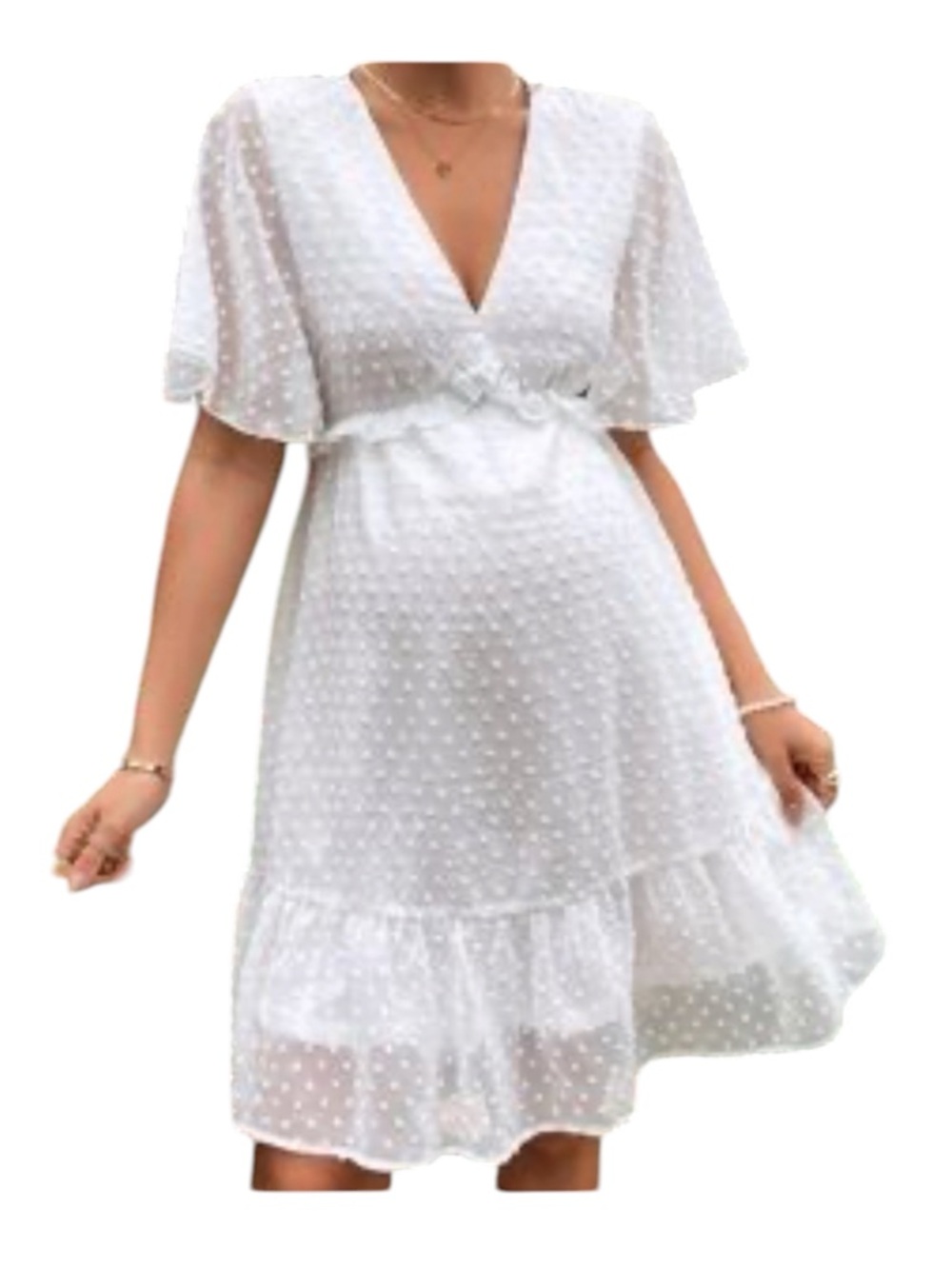 B DARLIN White Swiss Dot V-Neck Ruffle Boho Mini Dress